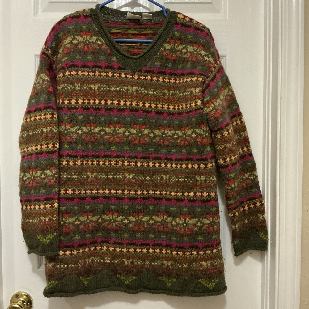 Moda Intl Vintage Faire Isle V Neck Wool Blend Sweater‎ Jewel Tones M Green Gold